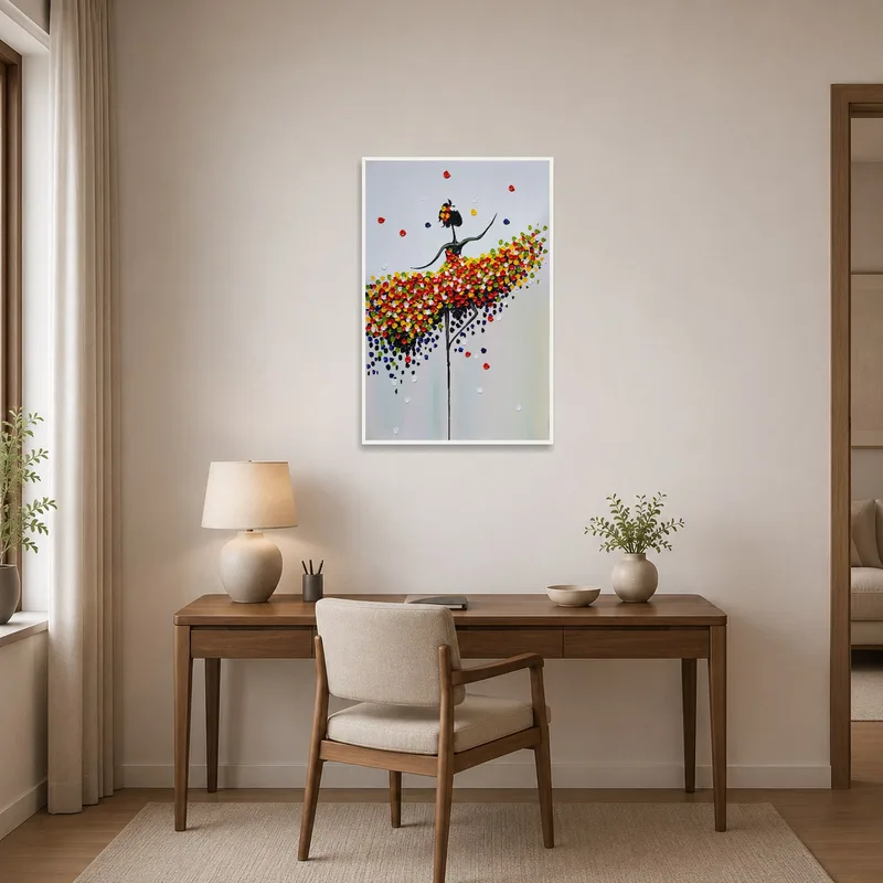Ballerina art print invigorates the home office with whimsical hues.