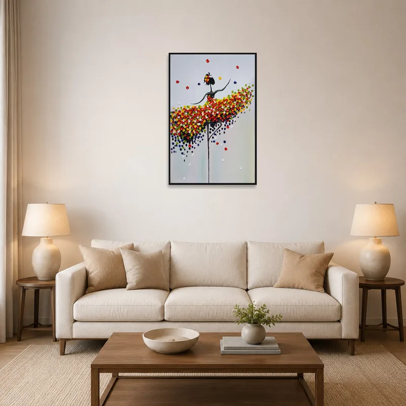 Vibrant ballerina art print brightens up a cozy living room setting.
