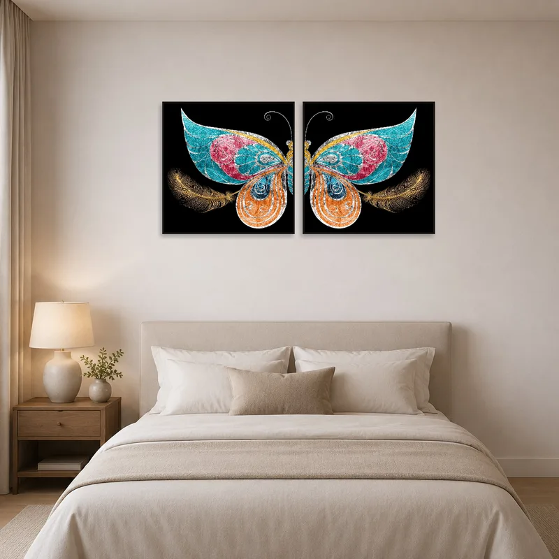 Duo of butterflies and feathers adds whimsy to a peaceful bedroom.