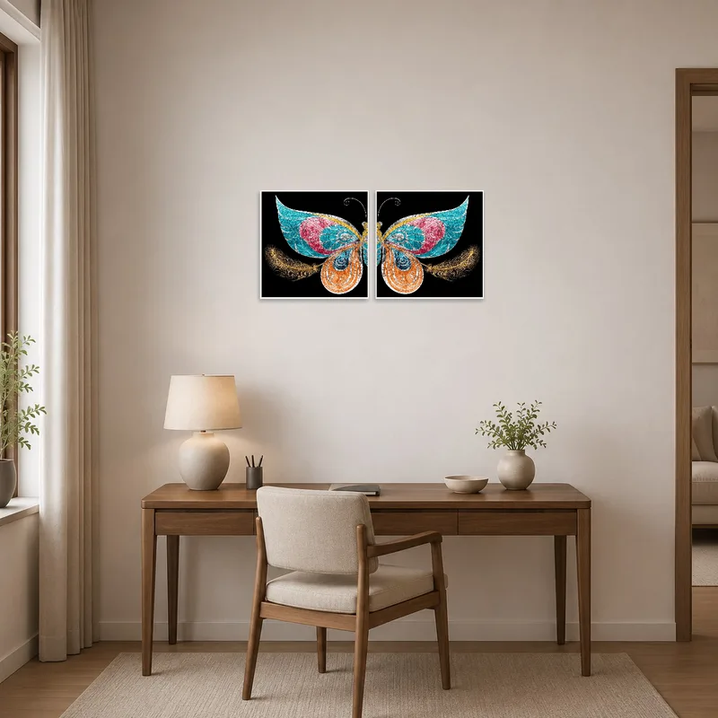 Whimsical butterfly and feather piece inspires in a home office.