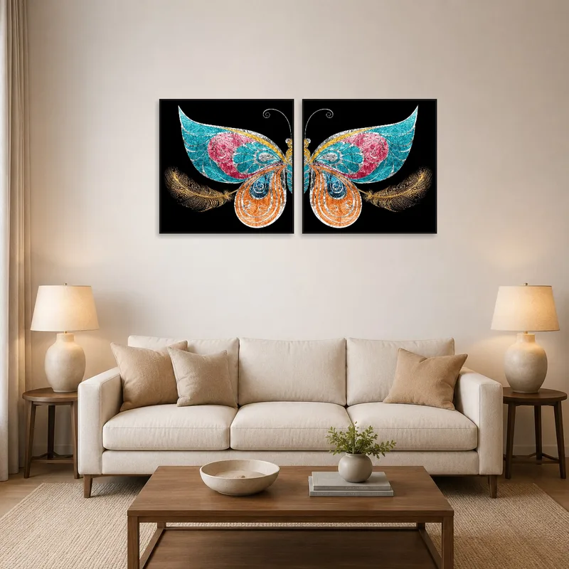 Art duo showcasing butterflies and feathers enhances a cozy living room wall.