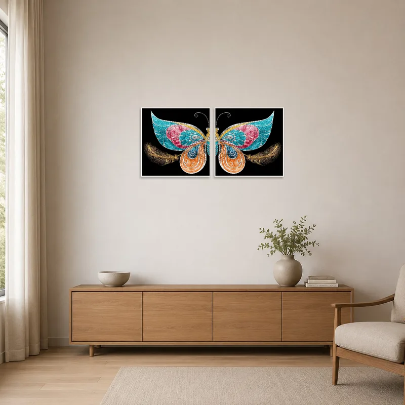 Butterfly and feather art adds charm to a minimalist room aesthetic.
