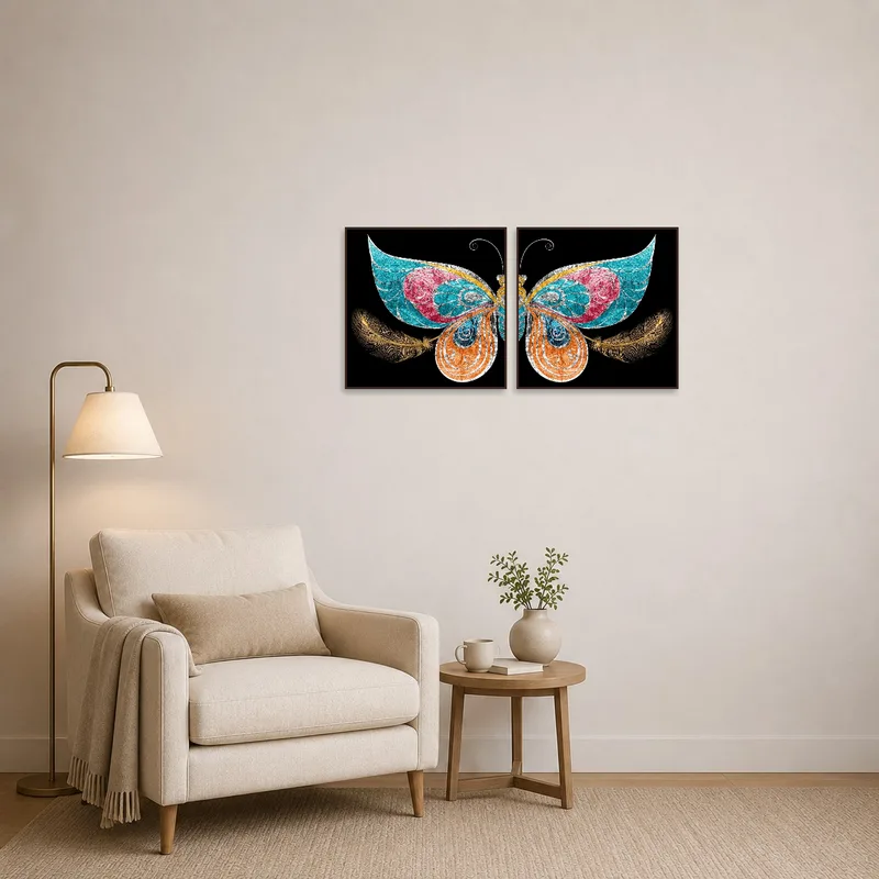Butterfly and feather artwork brings serenity to a reading corner.