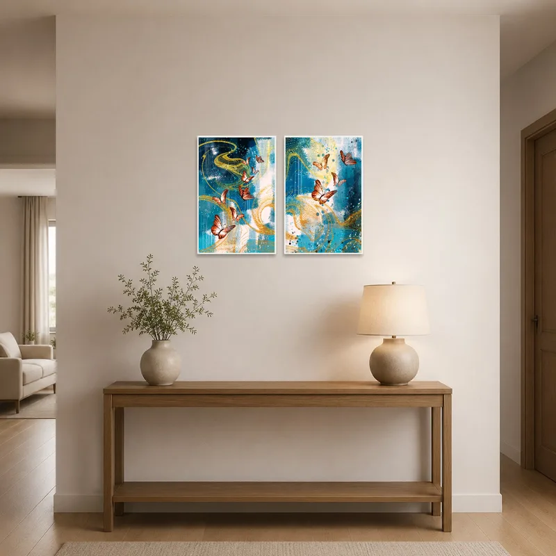 Butterfly art set greets guests with a swirl of colors in the entrance hall.
