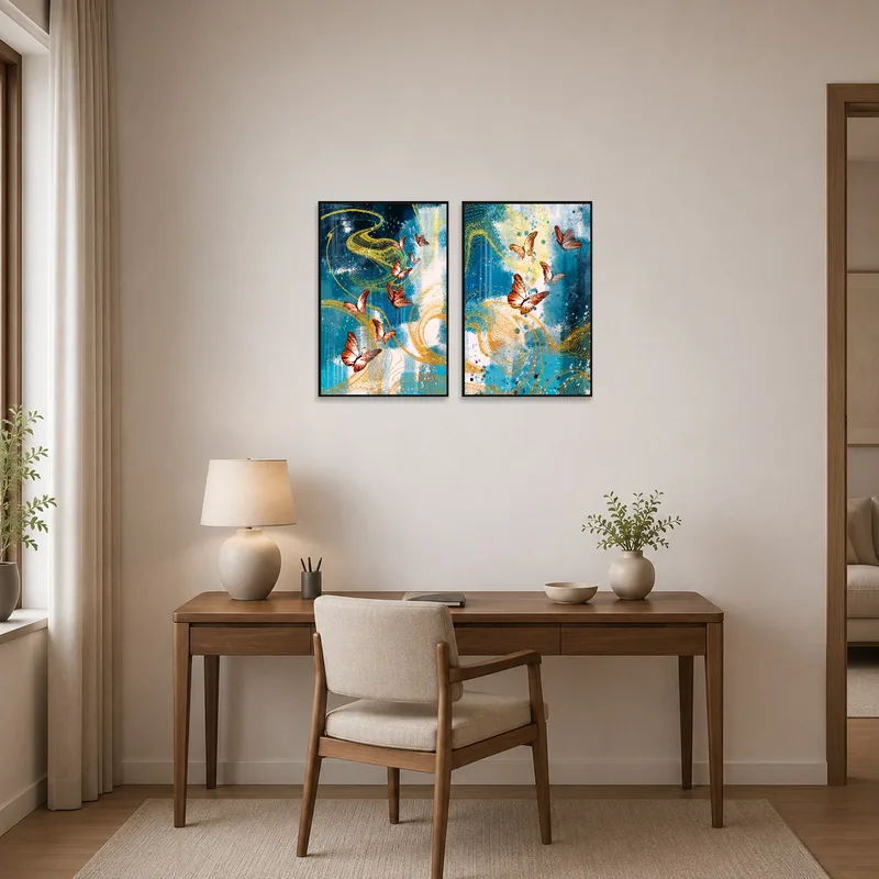 Inspirational butterfly art infuses creativity into the home office space.