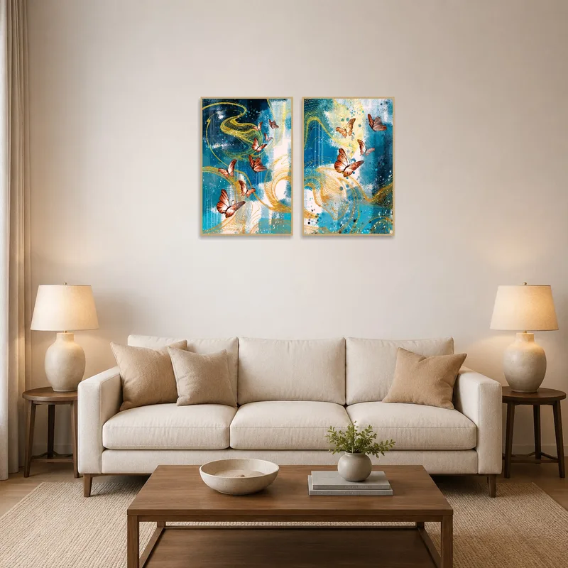 Whimsical Butterfly Swirl Art Set displayed above a cozy sofa adds charm to the living room.