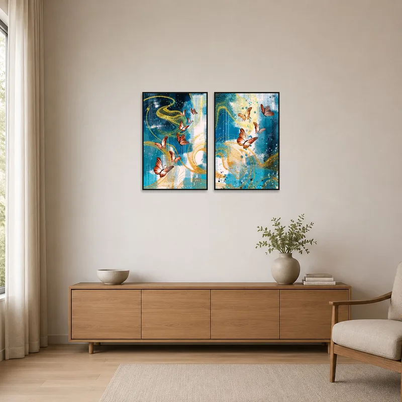 Whimsical butterfly art adds a playful touch to a clean, minimalist room setting.