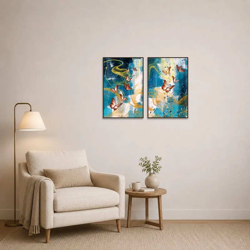 The swirling butterfly artwork creates an enchanting vibe in the reading corner.