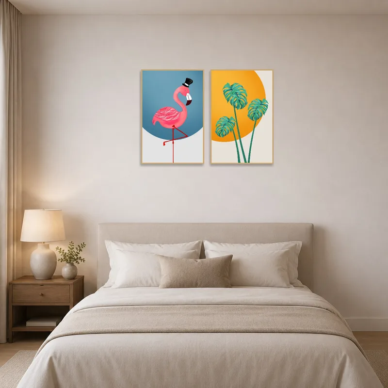 Bedroom displaying flamingo and monstera leaf prints for a serene atmosphere.
