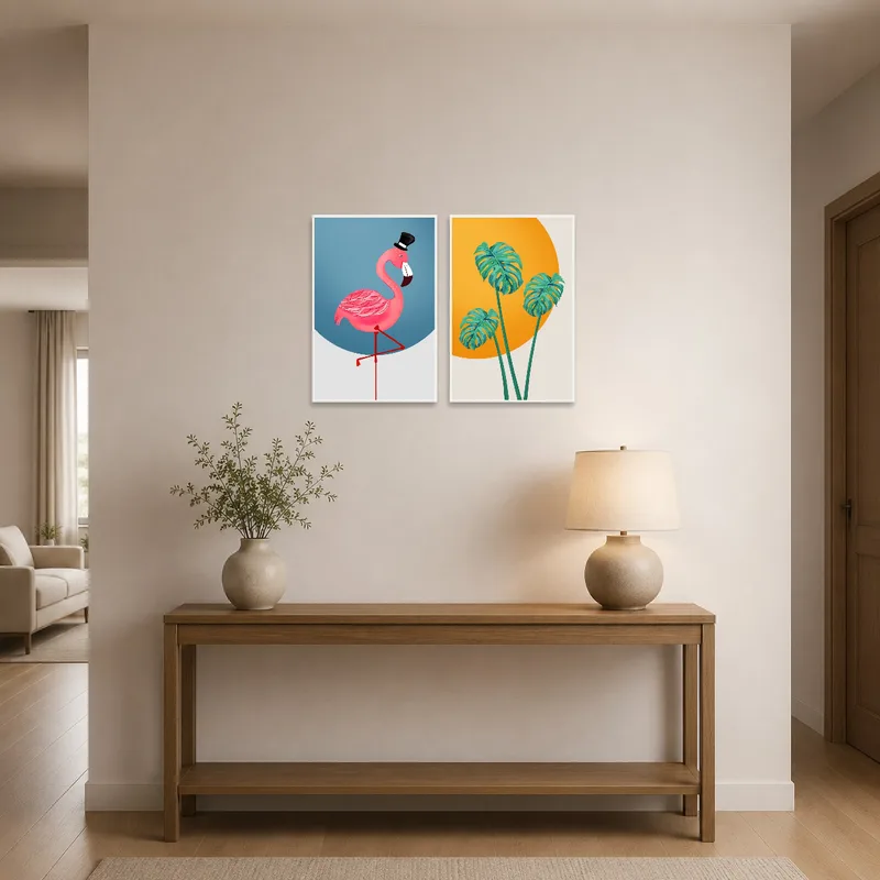 Entrance hall featuring flamingo and monstera prints creating a welcoming vibe.