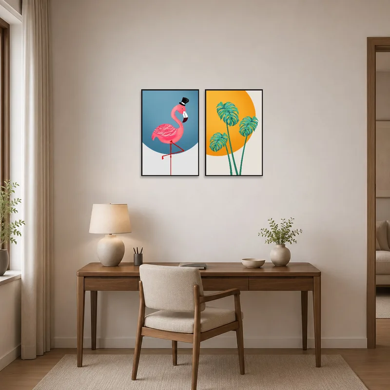 Home office with flamingo and monstera prints inspiring a cheerful workspace.