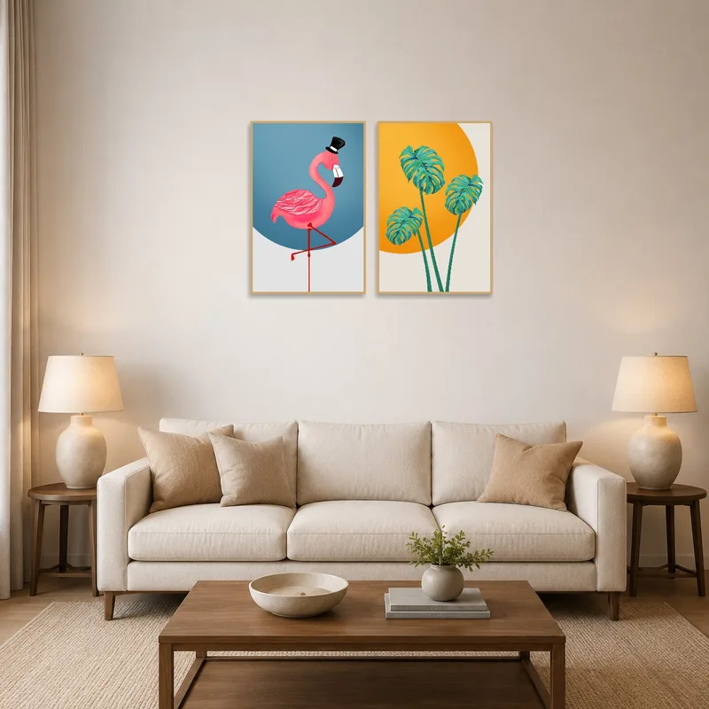 Whimsical flamingo and monstera leaf prints enhancing a stylish living room.