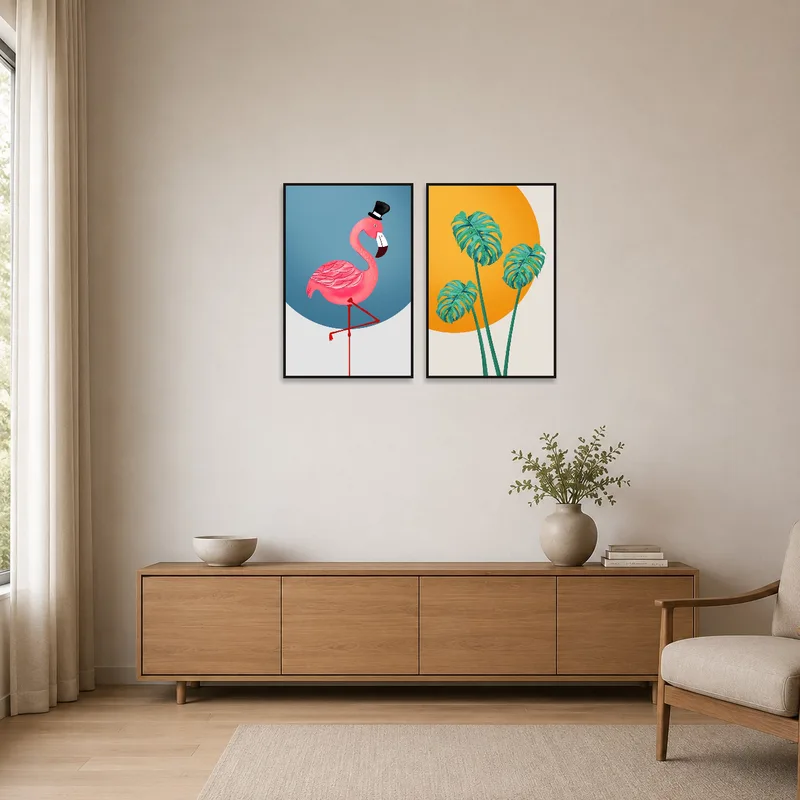 Minimalist room with whimsical flamingo and monstera prints adding flair.