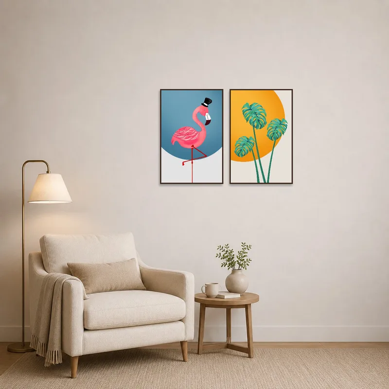 Cozy reading corner adorned with whimsical flamingo and monstera leaf prints.