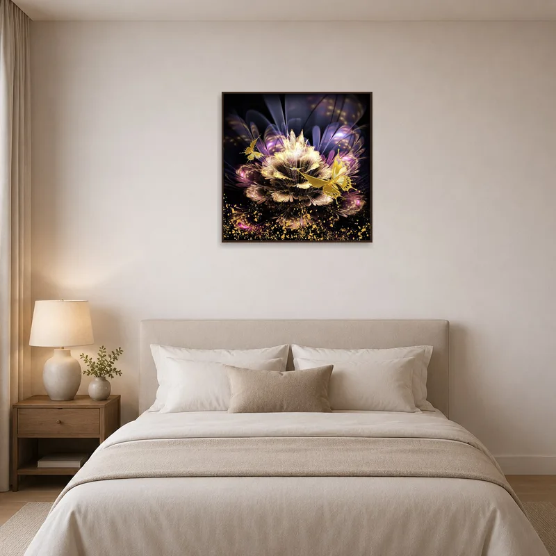 A whimsical floral and butterfly artwork creating a serene atmosphere in a bedroom.