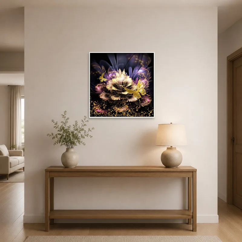 A floral and butterfly composition greeting visitors in the entrance hall.