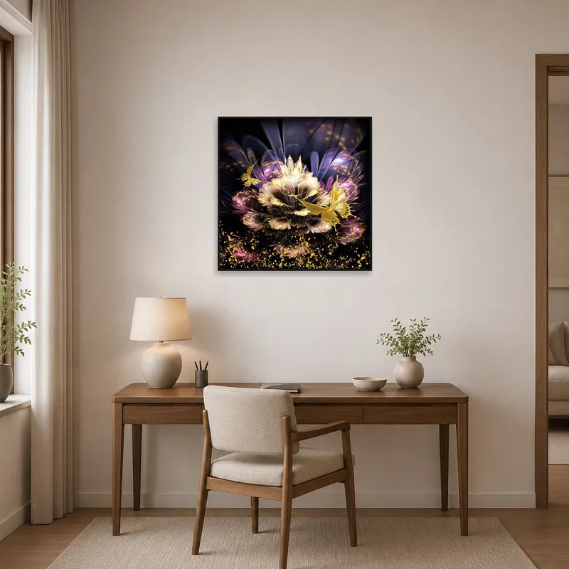 An inspiring flower and butterfly piece enhancing a creative home office setup.