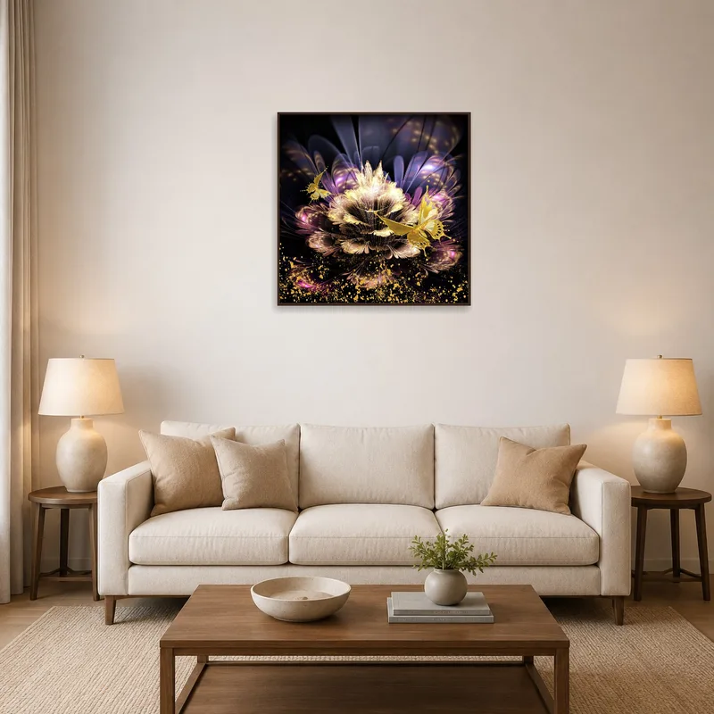 A colorful flower and butterfly art piece brightening a living room wall.