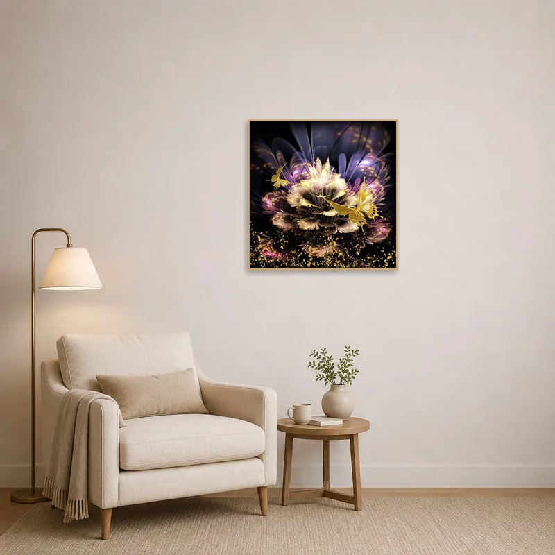 An enchanting flower and butterfly art piece adding charm to a reading corner.