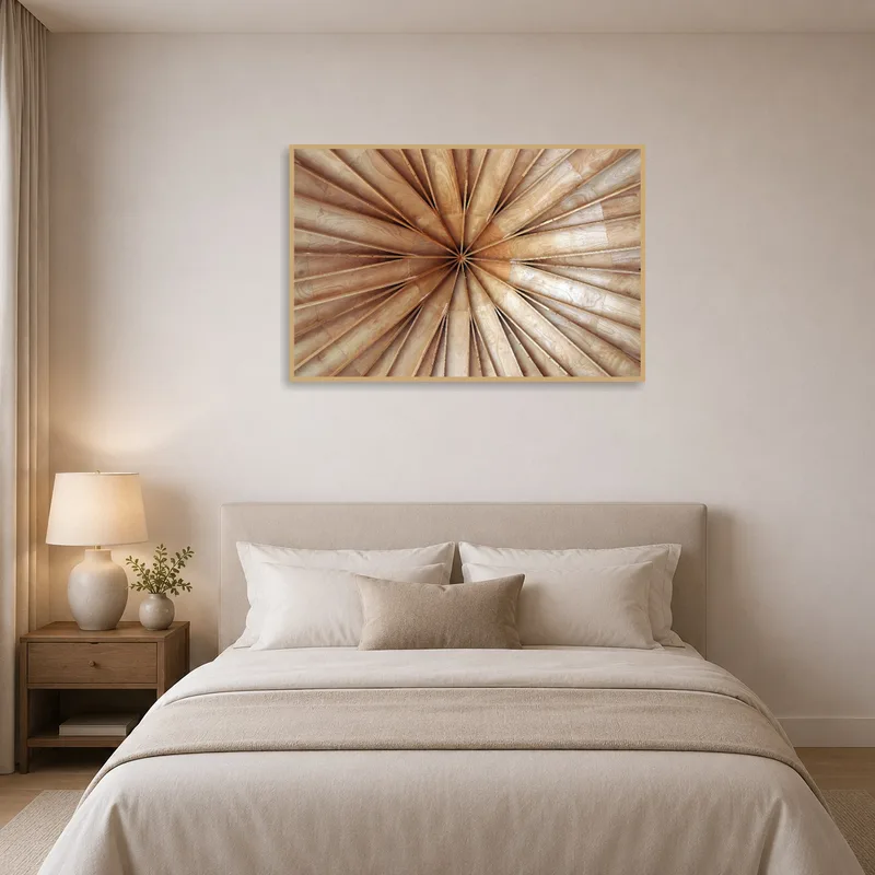 Wooden radial abstraction art print adds texture to a serene bedroom setting.