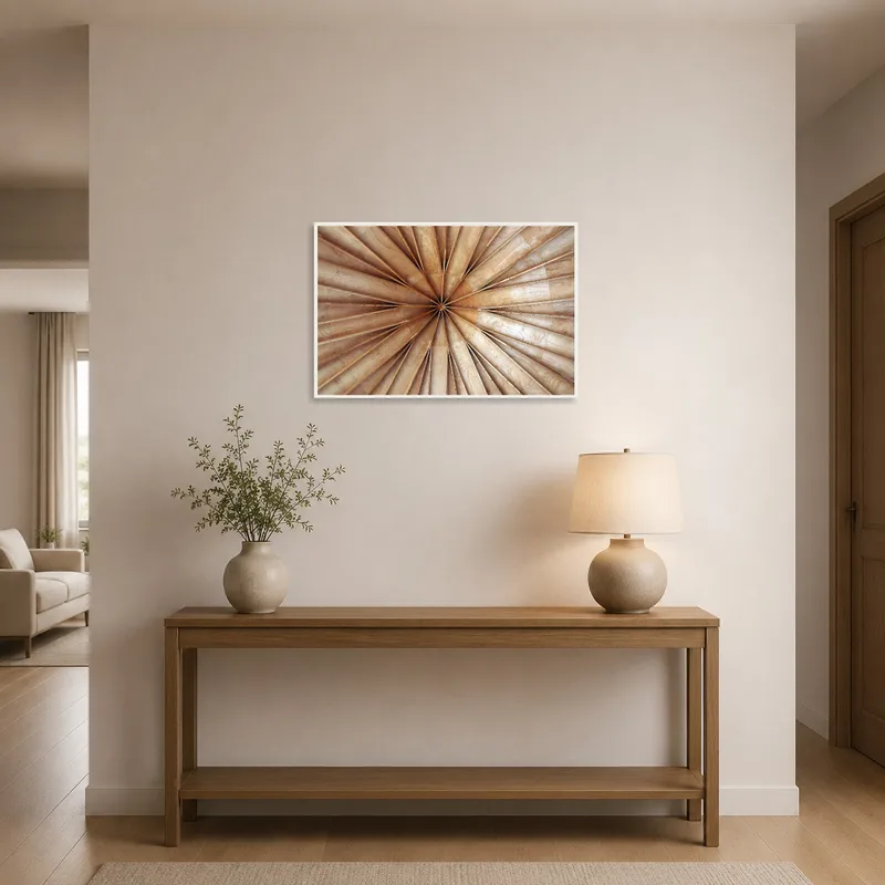 Wooden radial abstraction art hung in an entrance hall, offering a warm welcome.