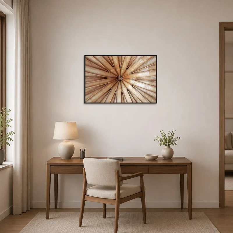 Wooden radial abstraction art featured in a tidy home office for creative inspiration.
