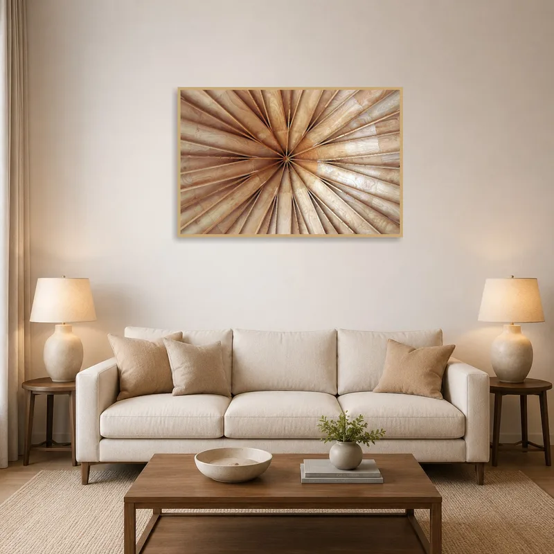 Wooden radial abstraction art displayed above a modern sofa in a stylish living room.