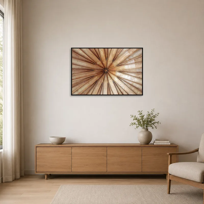 Simplistic wooden radial abstraction art on a plain wall in a minimalist space.