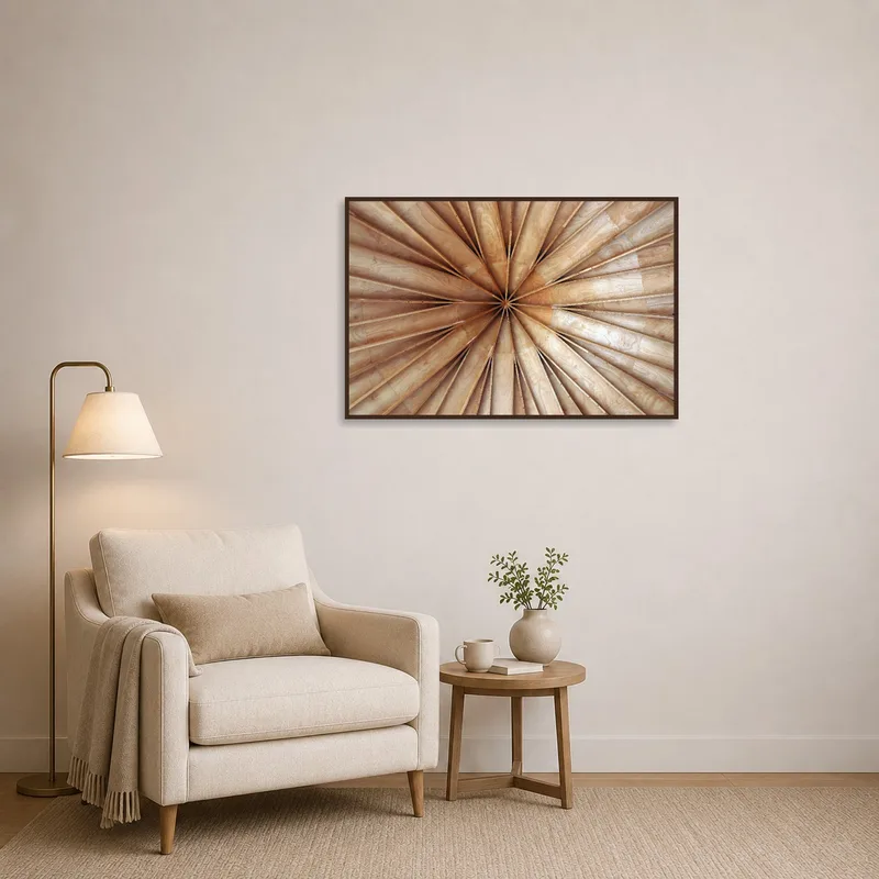 Cozy reading corner with a wooden radial abstraction art alongside a comfy chair.