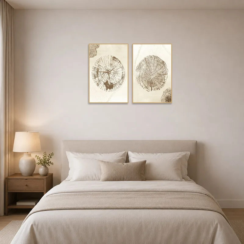 Woodland tree rings enhance a tranquil bedroom with soft lighting and serene decor.