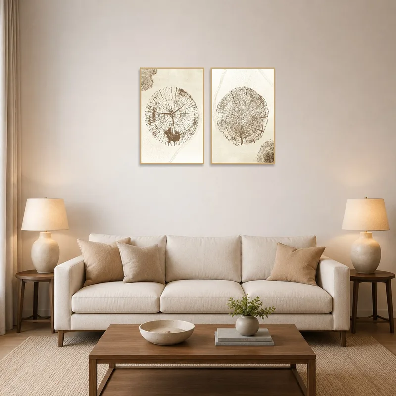 Woodland Echoes tree ring set on a cozy living room wall with a plush sofa nearby.