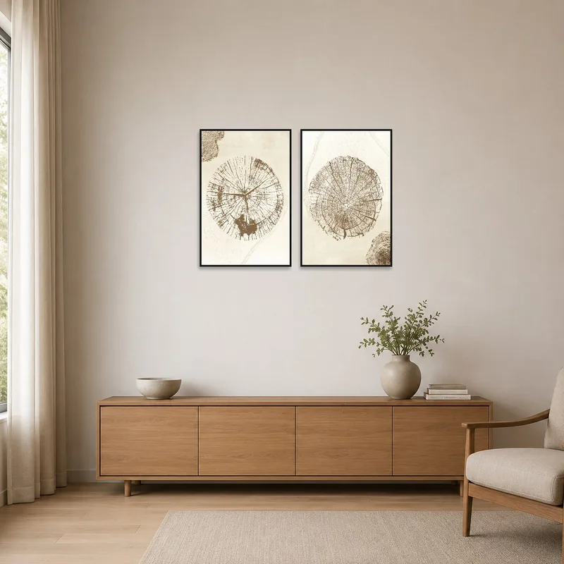 Vintage tree ring set in a minimalist space with sleek furnishings and neutral tones.