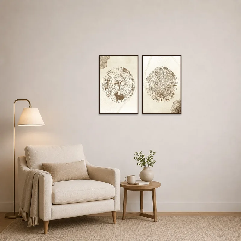 Rustic tree rings set a relaxing tone in a cozy reading corner filled with books.