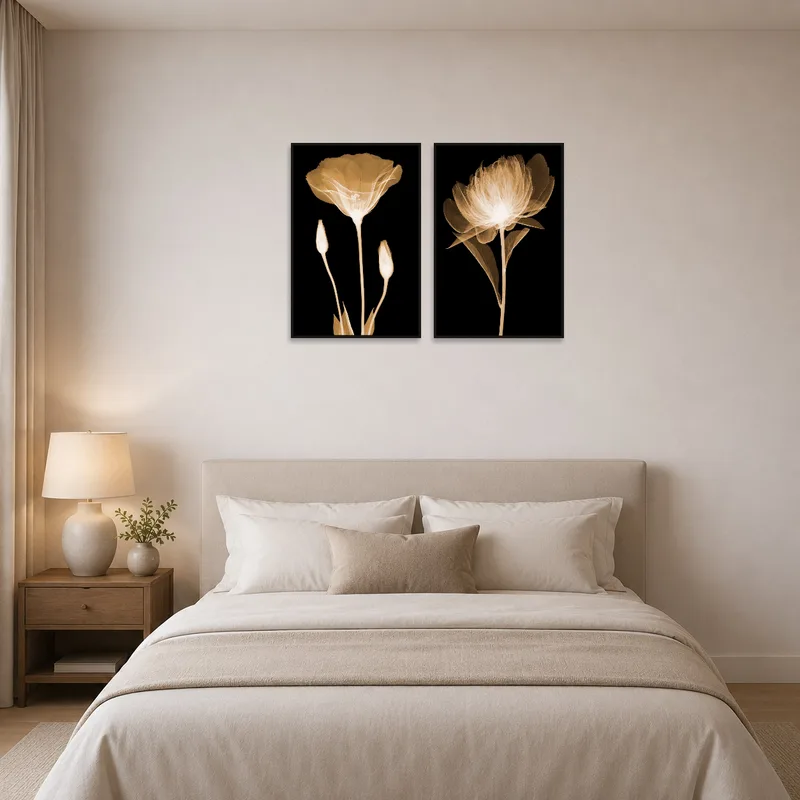 Floral X-Ray art set creating a calming atmosphere in a restful bedroom.