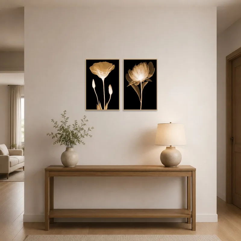 Elegant floral X-Ray art set displaying in a light-filled entrance hall.