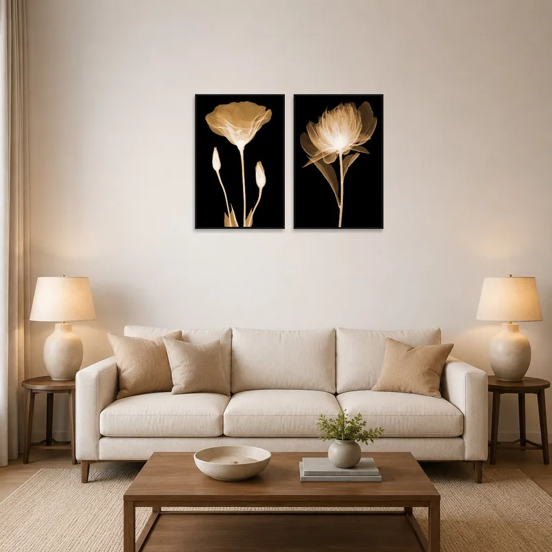 X-Ray floral art set in a living room on a neutral wall above a modern sofa.