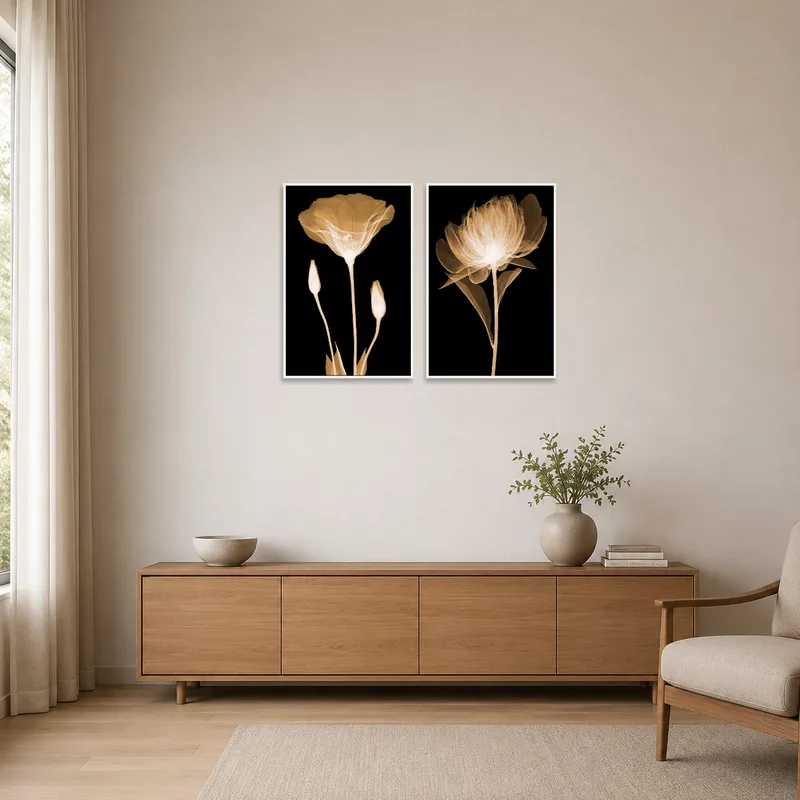 Botanical X-Ray art on a stark white wall in a minimalist setting.