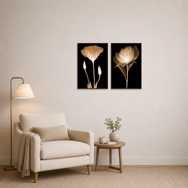 A serene reading corner with botanical X-Ray art above a cozy armchair.