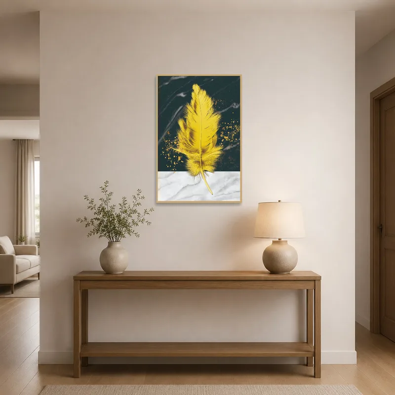 Yellow feather artwork against marble and dark tones greeting guests in an entrance hall.