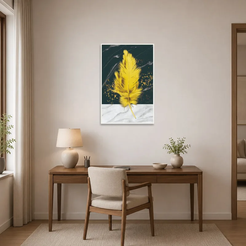 Professional setting with a yellow feather artwork on marble and dark tones in a home office.