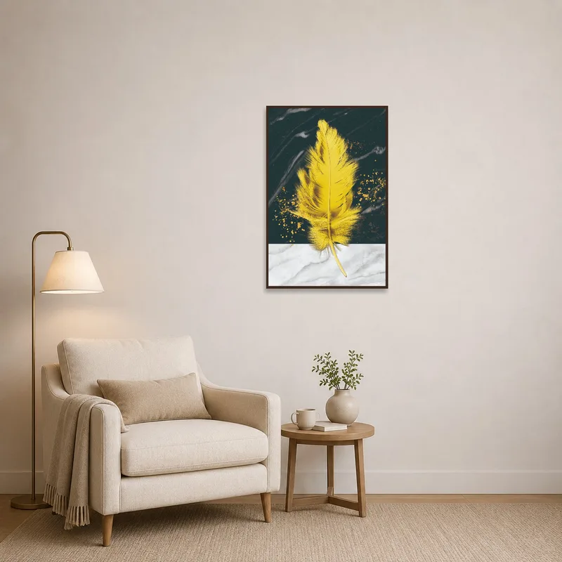 An elegant yellow feather piece on marble with dark hues enhancing a cozy reading corner.