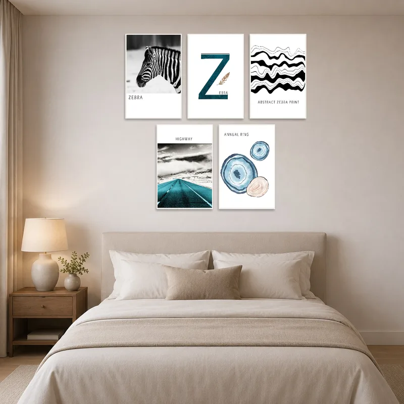 Zebra-themed art complements bedroom decor with a natural elegance.