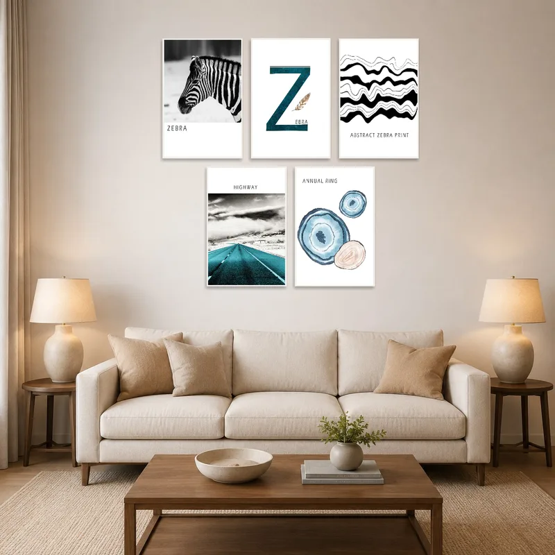 Zebra-themed artwork brings a wild touch to the living room wall.