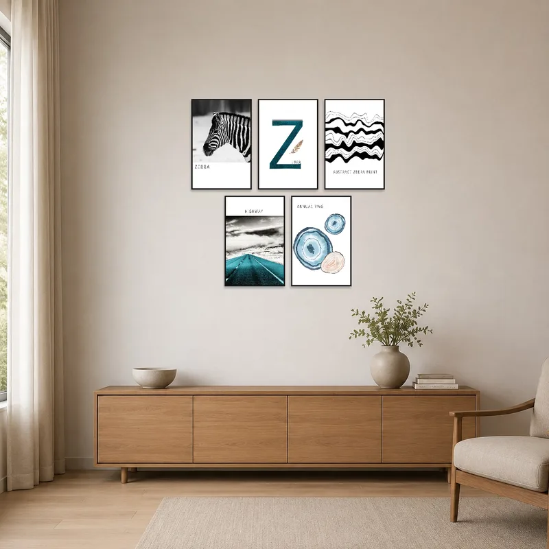 A zebra-inspired print adds flair to the minimalist wall decor.
